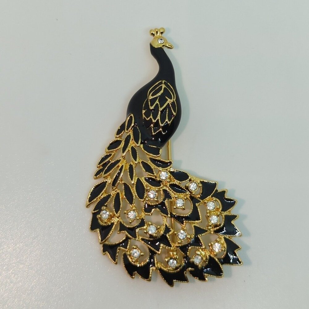 Peacock Brooch Pin With Rhinestones Gold & Black Design Elegant Jewelry Accessor